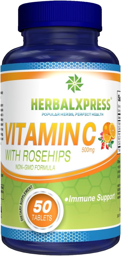 Herbalxpress Vitamina C 500mg con Rosa HIPS, ácido ascórbico " Citrus Bioflavonoids 50 Tablets (1 Tub) - The Powerful Duo:- A Complementary Approach to Boost Your Immune System.
