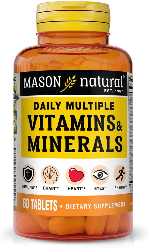 Múltiples vitaminas diarias MASON con minerales, 24 nutrientes esenciales para la salud general, 60 tabletas