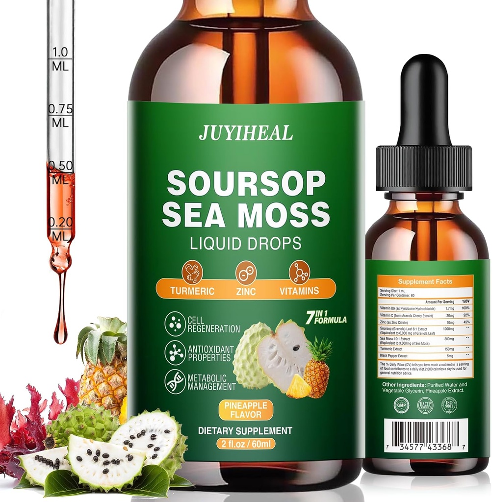 7-en-1 Soursop Bitters Liquid, Soursop Oil with Sea Moss " Turmeric " Vitamino para Immune " Digestive " Cell Support, Sugar-Free ← Non-GMO ← Vegan 2 Fl oz Pineapple