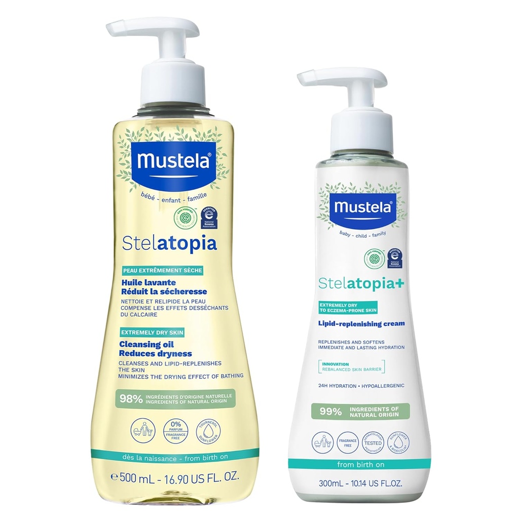 Mustela Stelatopia Eczema-Prone Skin Bath Time Gift Set - Family Skin Care Essentials - Natural Avocado &amp; Sunflower Oil - EWG Verified - 2 Items Set - Stelatopia Cleansing Oil and Stelatopia+ Cream