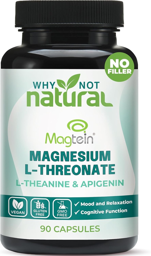 Complejo Magnesio L-Threonate con Apigenin y L-theanine, 90 cápsulas, Suplemento Patented Magtein