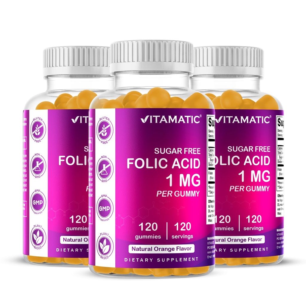 Vitamatic Folic Acid Gummies 1000 mcg (1 mg) - an Essential Prenatal Vitamins for Mom & Baby - Vitamin B9-120 Vegan Gummies (3)