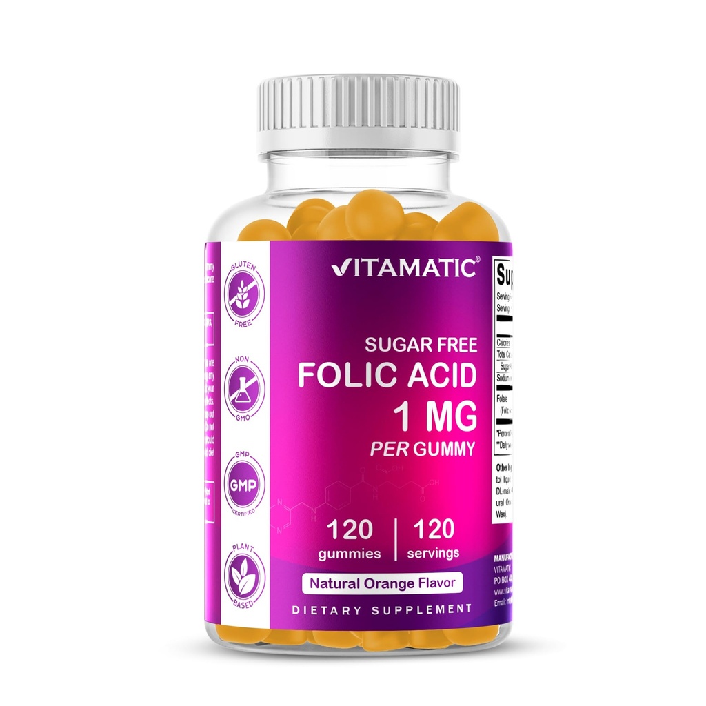 Vitamatic Folic Acid Gummies 1000 mcg (1 mg) – Vitamin B9 (1667 mcg DFE) – Sugar Free – Prenatal & Cellular Health Support – Natural Orange Flavor – Vegan, Non-GMO – 120 Gummies (120 Servings)