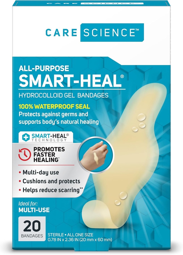 Care Science Smart Heal All-Purpose Hydrocolloid Gel Bandages, 20 ct  durable 100% Waterproof Seal, reduce el miedo, para el cuidado de heridas o ampollas