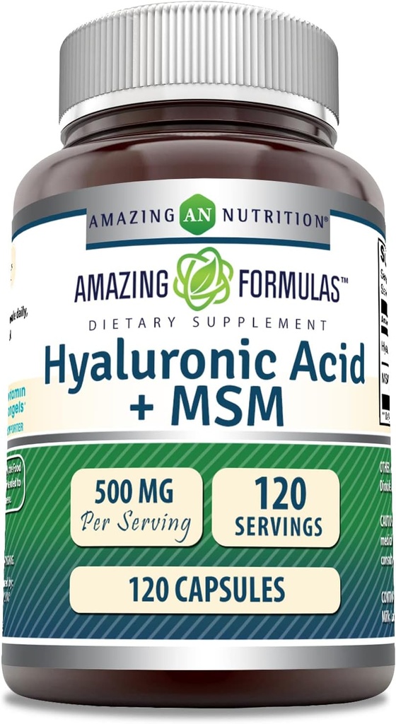 Amazing Formulas Hyaluronic Acid &amp; MSM Supplement TEN 500 Mg TEN 120 Capsules TEN NO-GMO TEN Gluten-Free TEN Made in USA