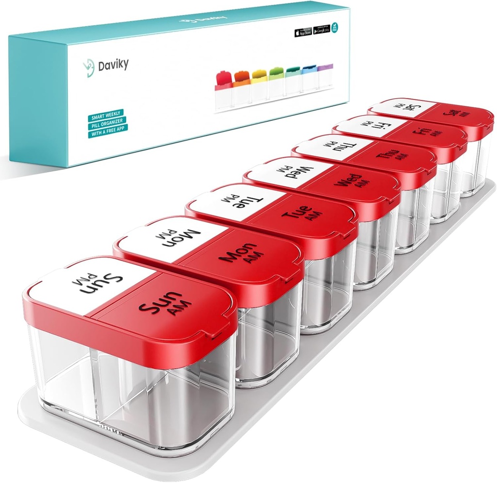 Daviky Extra Large Pill Organizer 2 Times a Day, Am Pm Pill Organizer 7 Day, Pill Box 7 Day to Hold Daily Medicine Vitamin and Supplements for Elders, Arthrtic Patients and Kids (Red)