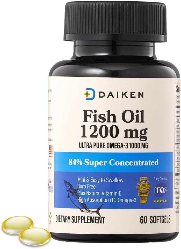 DAIKEN Mini Fish Oil 1200 mg, rTG Omega 3 1000mg, 60 Softgels, alta absorción " Burpless Fish Oil for Healthy Heart, Brain and Dry Eyes Support
