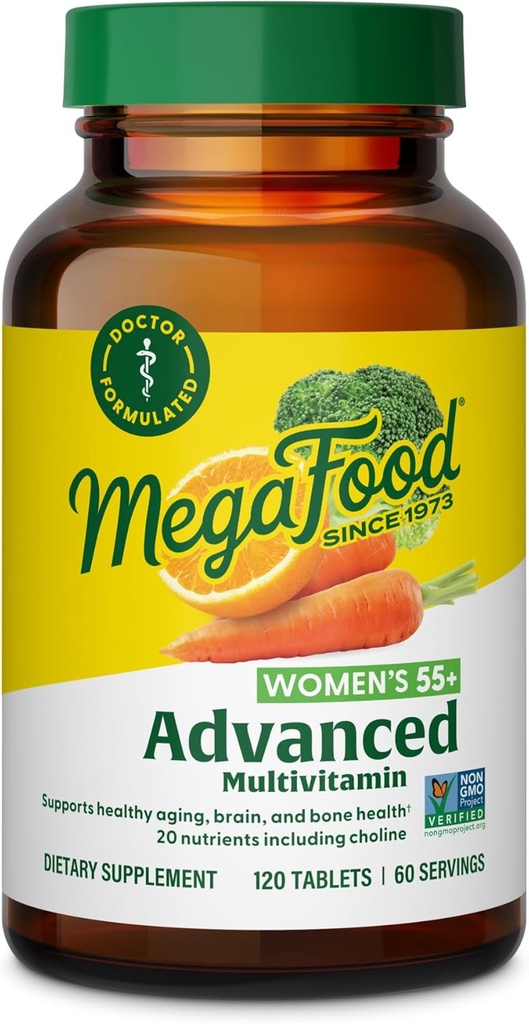 MegaFood Mujer 55+ Advanced Multivitamin for Women - Doctor-Formulated with Choline, Vitamina D3, Vitamina B12, Biotina - Plus Real Food - Optimal Aging, Vegetarian - 120 Tabs (60 Servings)