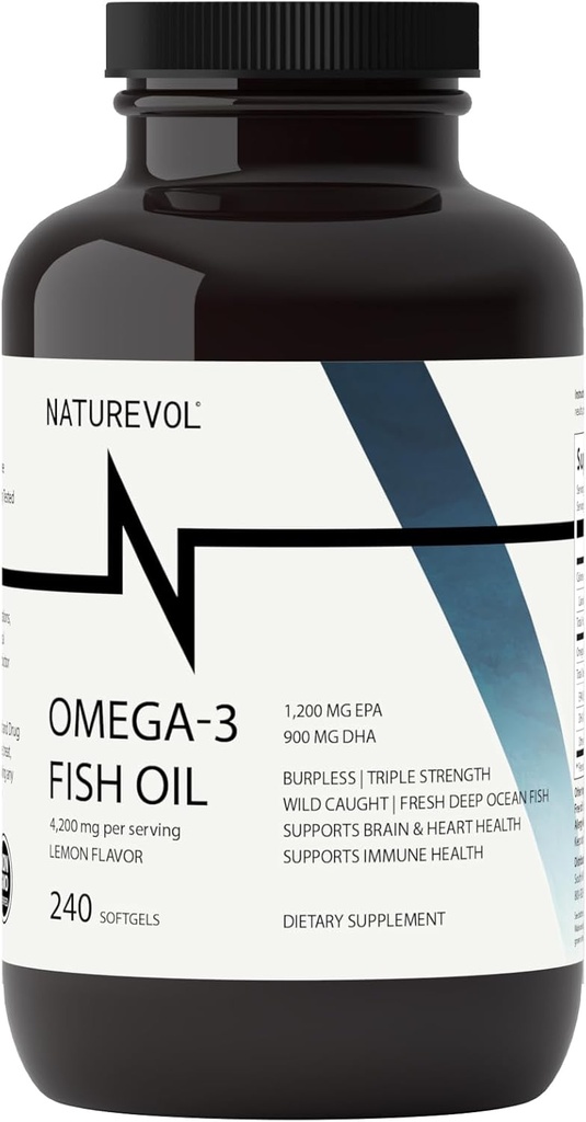 Triple Fuerza Omega 3 Fish Oil 4200mg - Burpless TENIDO Más de 2200mg de Omega 3 Fatty Acids TEN 1200mg EPA + 900mg DHA ← Mejores ácidos grasos esenciales Silencioso Pescado/Deep Sea Fish, Lemon Flavored - 240 Softgels