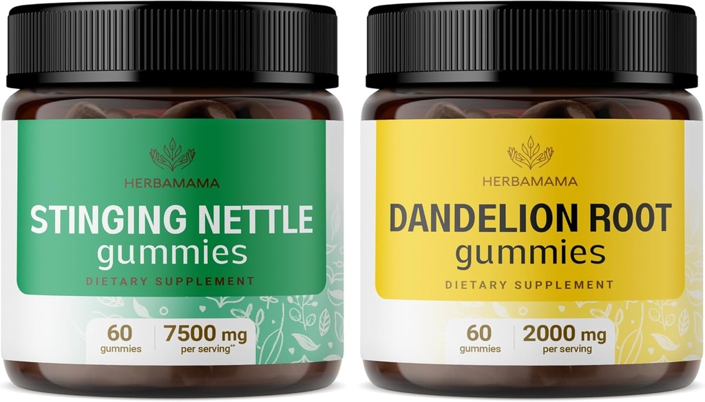 HERBAMAMA Stinginging Nettle and Dandelion Kit - Bundle of 7500 mg Stinging Nettle Root 2000 mg Dandelion Root Gummies - Vegan, Non-GMO, Gelatin-Free - 2 Pack