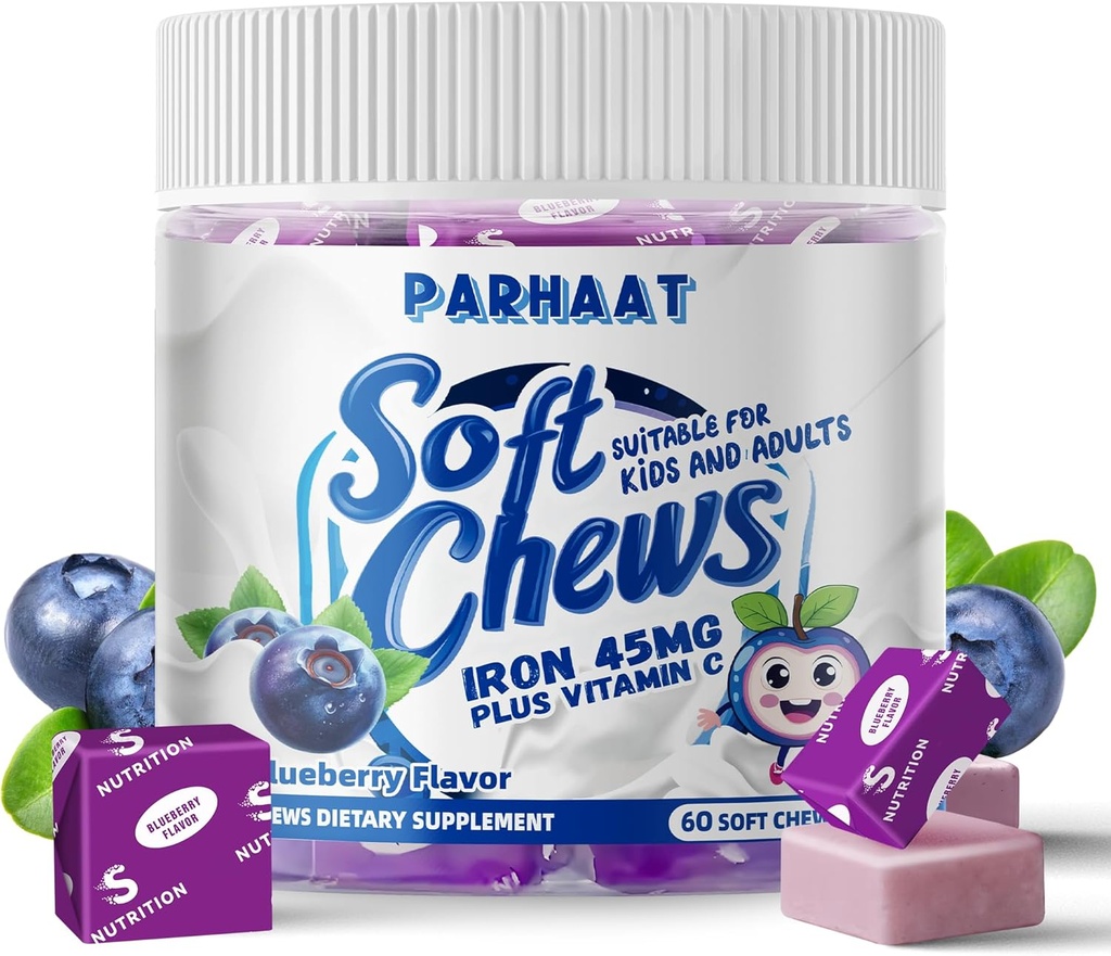 Iron Soft Chew Suplemento con Vitamina C ← Blueberry Flavored TEN Gluten Free ← Suplemento de Hierro para Mujeres Hombres y Niños