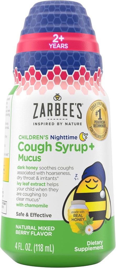 Zarbee's Children's Nighttime Honey Cough Syrup + Mucus for Kids 2+ + Dark Honey, Ivy Leaf, & Calming Chamomile, #1 Pediatrician Recommended, Drug &amp; Alcohol-Free, Mixed Berry, 4 fl. oz