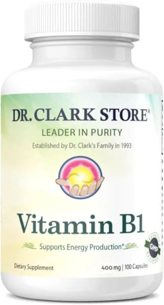 Dr. Clark Vitamina B1 Thiamine 400mg Suplemento -Thiamine B1 Suplemento para el sistema nervioso saludable " Metabolismo energético, libre de gluten, libre de lácteos - 100 cápsulas de gelatina