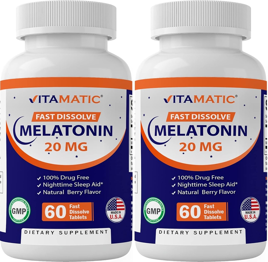 Vitamatic 2-Pack High Potency Melatonin 20 mg – 60 Fast Dissolve Tablets Total Fast-Acting Sleep Support – Natural Berry Flavor ¦ Vegetarian