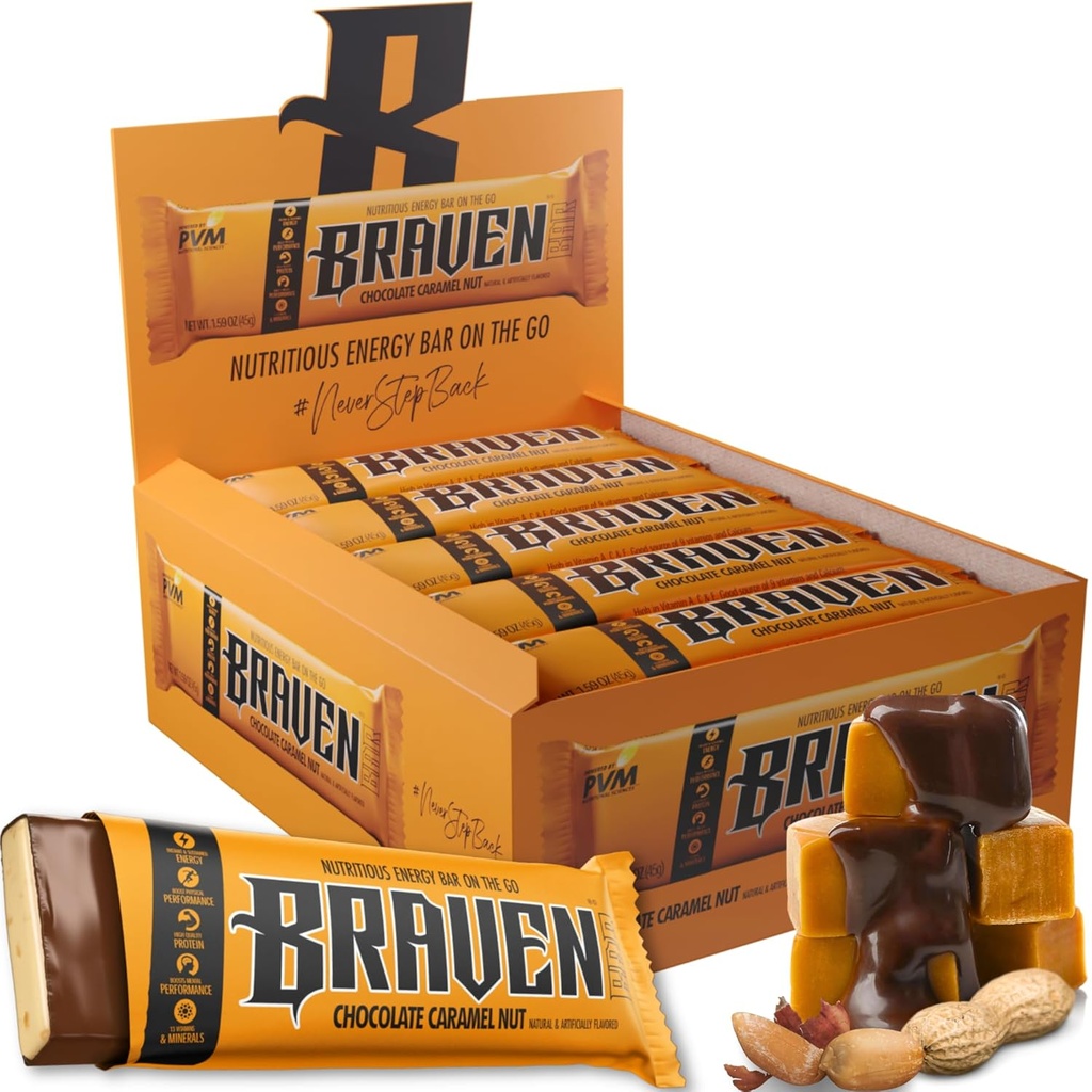 Braven Bar Chocolate Caramel Nut Energy Bars (1.59 oz, Pack of 20) – Energy Chews with 5g Protein – On-the-Go Energy Snacks for Running, Hiking, and Sports - Gluten Free Snacks for Sustained Energy Boost