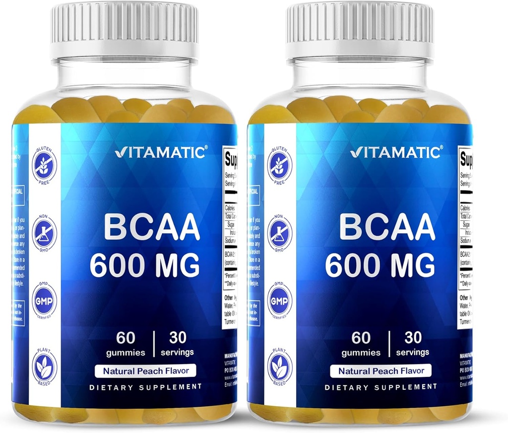 Vitamatic BCAA Gummies - Branch Chain Amino Acid Supplements - Peach Flavor - 600mg por Serving - 60 Vegan Pectin Based Gummies (2 Bottles)