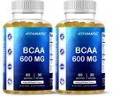 Vitamatic BCAA Gummies - Branch Chain Amino Acid Supplements - Peach Flavor - 600mg por Serving - 60 Vegan Pectin Based Gummies (2 Bottles)