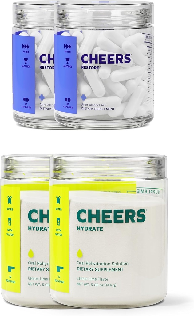 Cheers Clásico Combo Silencioso Restaurar + Hydrate ← Rehydrate " Siéntete mejor después de beber DHM, L-Cysteine, B-Vitamins, Electrolytes TEN 12 Doses Cada ¦ Liver Support ← Electrolyte Suplementos