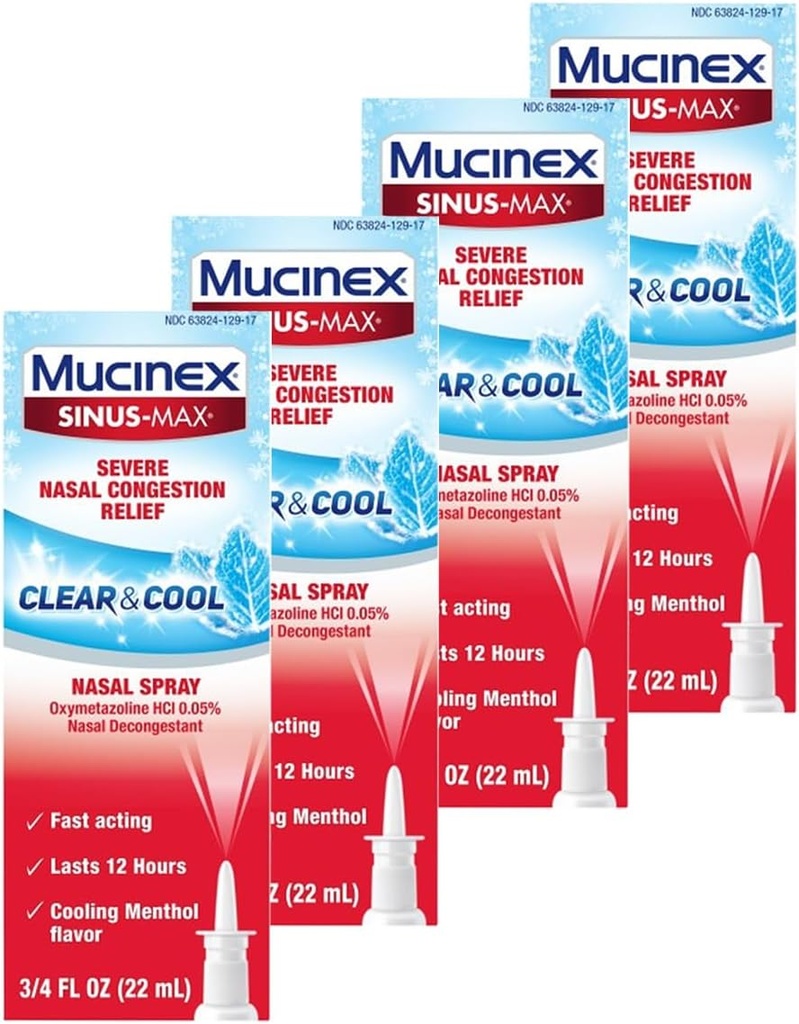 Mucinex Nasal Decongestant Spray, Sinus-Max Severe Nasal Congestion Relief Clear " Cool Nasal Spray, dura 12 horas, Fast Acting, Cooling Menthol Flavor, Packaging May Vary, 0.75 Fl Oz (Pack of 4)