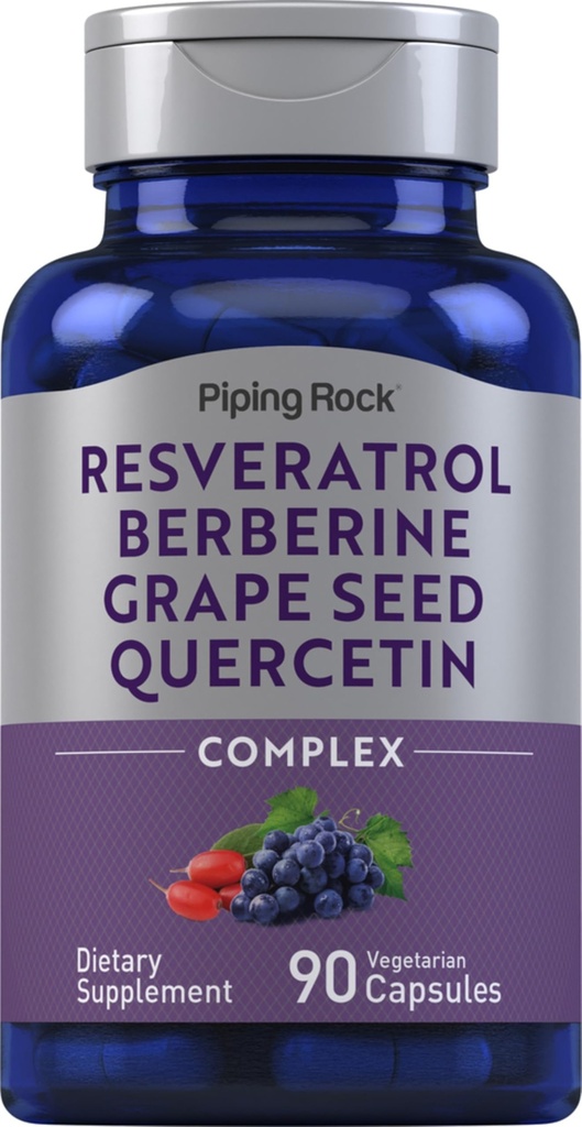 Piping Rock Resveratrol Berberine Grape Seed " Quercetin Complex ← 90 Capsules ← Non-GMO, Gluten Free Supplement