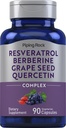 Piping Rock Resveratrol Berberine Grape Seed " Quercetin Complex ← 90 Capsules ← Non-GMO, Gluten Free Supplement