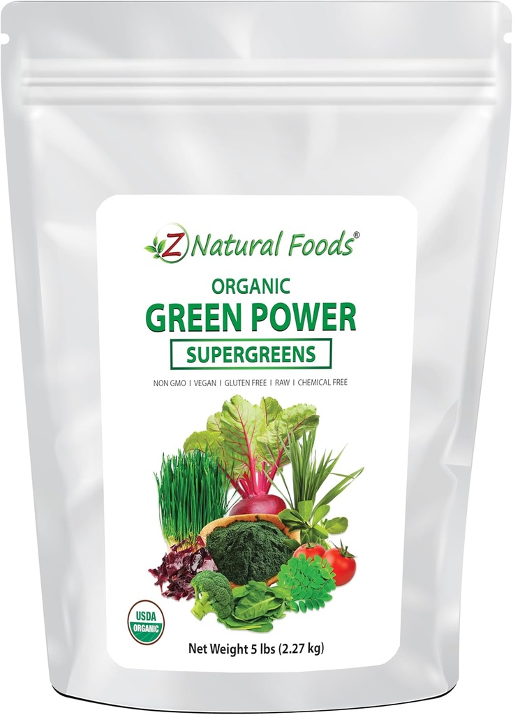 Z Natural Foods Organic Greens Superfood Powder - Barley Grass, Wheatgrass, Spirulina, Spinach, Broccoli, Alfalfa Leaf, Beet Root, Tomato, Dulse &amp; Moringa - Raw Vegan Gluten Gratis - 5lbs