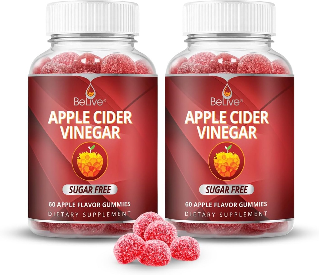 BeLive Manzana Vinagre Azúcar Gummies Libres – Grande para la Digestión " Dieta saludable - Sin gluten, Sin jarabe de glucosa, ACV Gummies Alternativa a Capsules " Drink (120 Ct) – 2 Pack