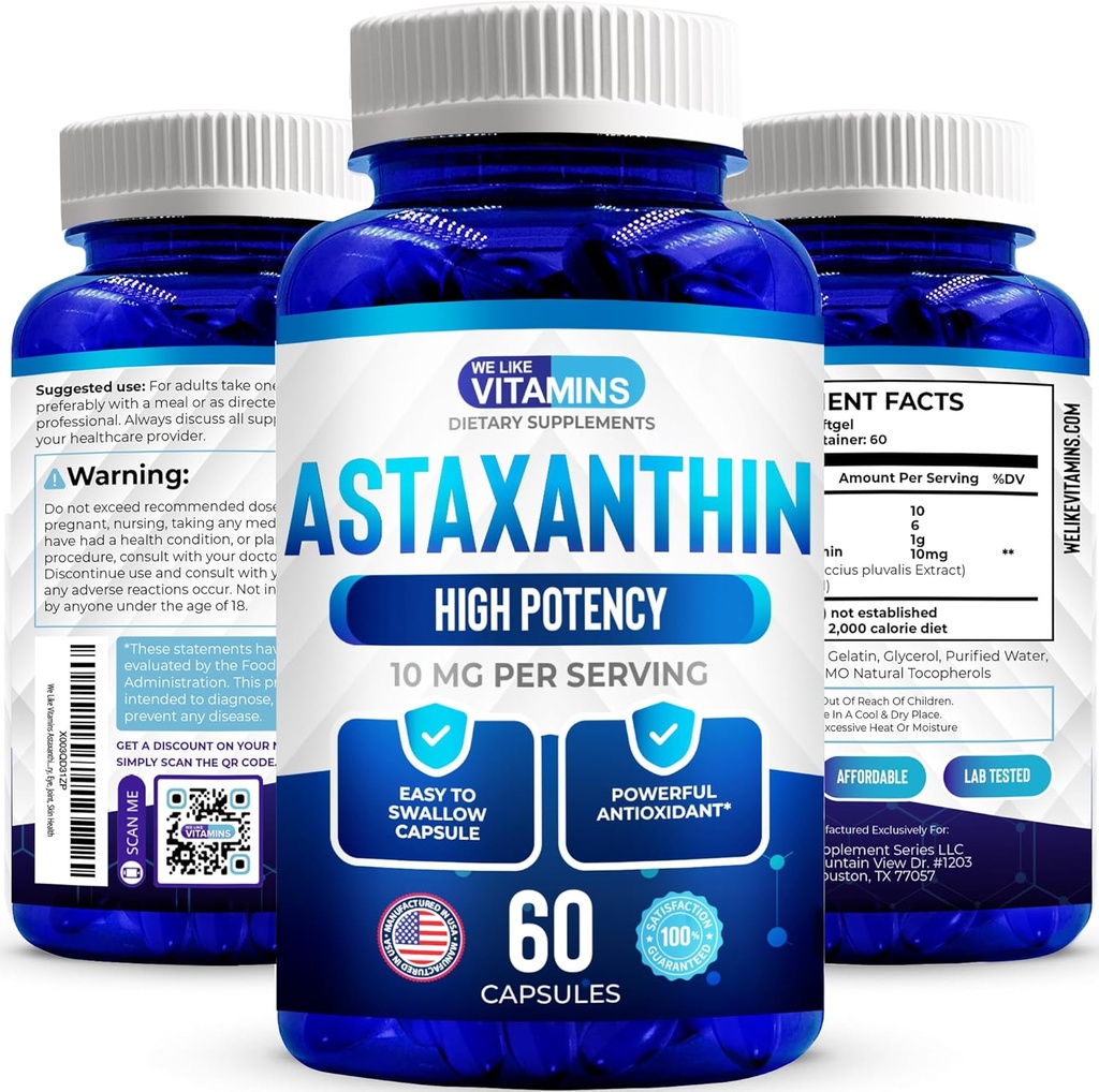 Nos gusta las vitaminas Astaxanthin 10mg Softgel - Altamente Potente Astaxanthin Suplementos de Haematococcus Pluvialis - Mejora el ojo, junta, salud de la piel y niveles de energía - 60 Conde, 2 Mes de suministro