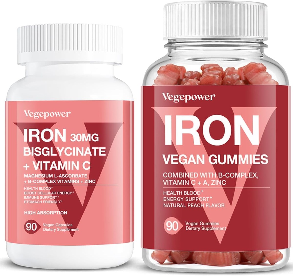 Vegan Iron Gummies + Iron Bisglycinate 30MG | Vegan Iron Supplement Support for Blood Healthy & Daily Energy for Adults & Kids - 180 Count