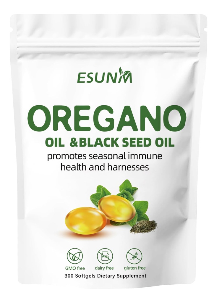 ESUNM Oregano Softgels, Oregano Oil with Black Seed Oil Promotes Seasonal Immune Health and Harnesses, Oregano Oil Supplement Capsules, Non-GMO, Gluten Free, 300 Softgel Capsules Dietary Supplement