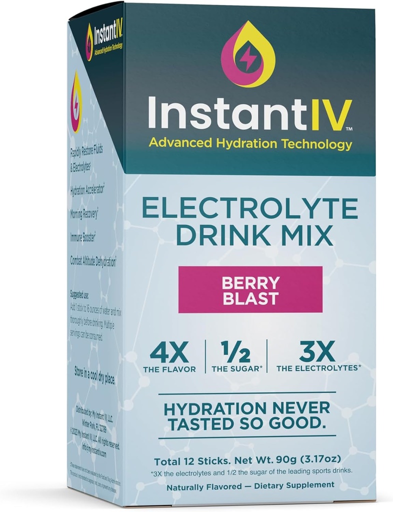 Electrolytes Powder - 3X Electrolytes,1/2 Sugar with Vitamin C, B3, B6, Electrolytes Powder Packets for Hydration, Recovery & Immunity, Vegan & Gluten Free | Berry Blast - 12 Packets