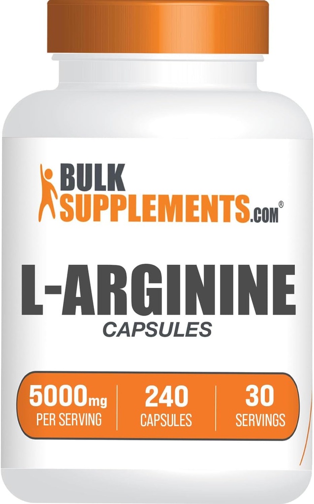 BulkSupplements.com L-Arginine 5000mg Capsules - Suplemento Arginina, Suplemento de óxido nítrico, L-Arginina Capsules - Gluten Free, 8 cápsulas por servicio, 240 cápsulas (Pack of 1)
