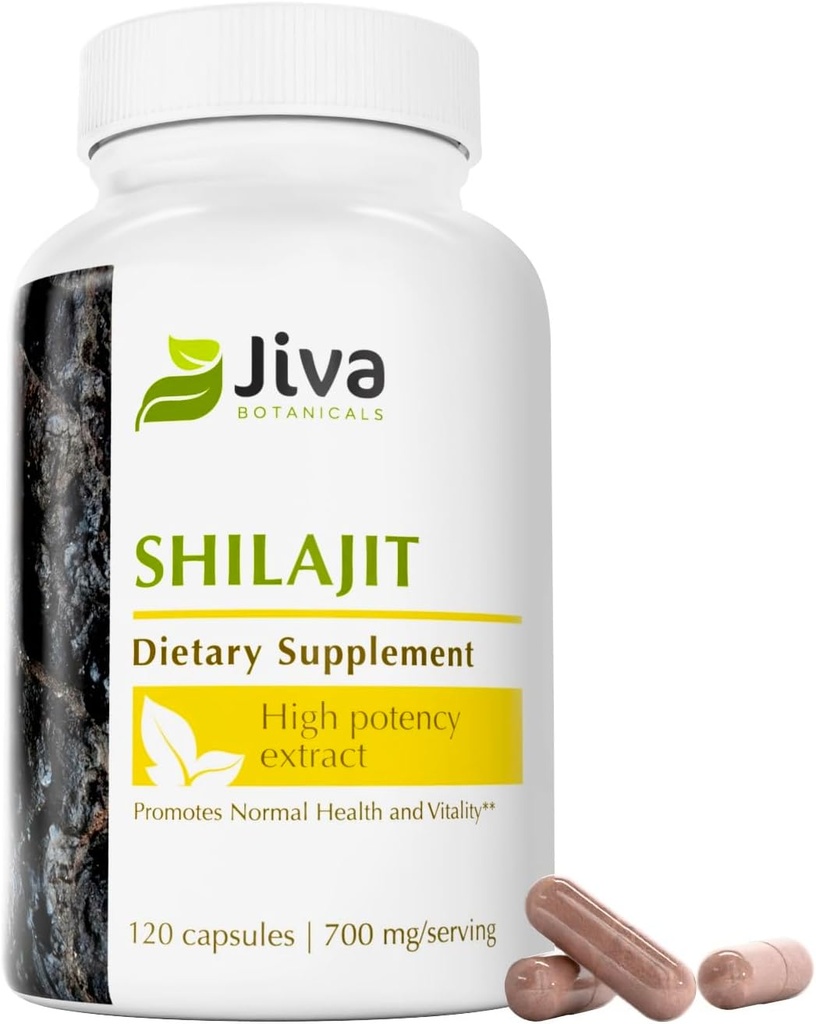 Jiva Botanicals Premium Shilajit Suplemento 700 mg - Shilajit Capsules Extracto con Minerales, Ácido Fulvic/Humic para Apoyo Inmunitario " Salud Digestiva Nomal - 120 Cápsula Vegana (Pack of 1)