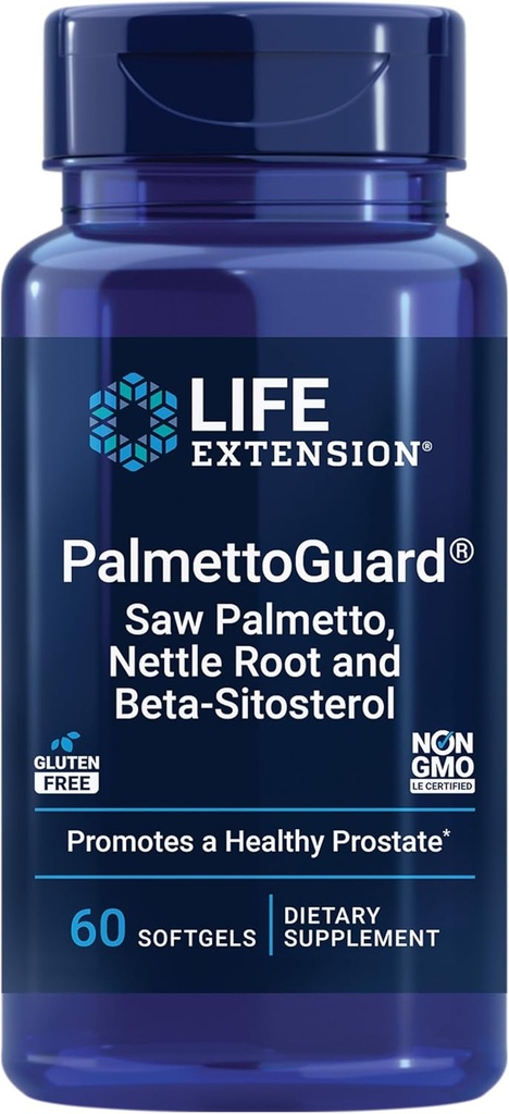 Extensión de vida PalmettoGuard® Saw Palmetto, Nettle Root y Beta-Sitosterol, soporta la función de próstata saludable " Metabolismo hormonal, 160 mg de Saw Palmetto para hombres, libre de gluten, no transgénico, 60 softgels