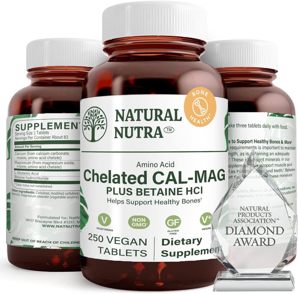 Natural Nutra Magnesio de Calcio Chelatado 1000/500 mg Suplementos Plus Betaine HCL - Cal Mag Chelated Mejora la Densidad de Hueso, Admite Muscle, Teeth, Cardiovascular &amp; Nerve Health, 250 Tabletas Vegan