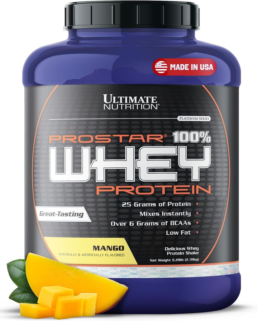 Ultimate Nutrition Prostar Whey Protein Powder Isolate, Mango - Low Carb, High Protein Powder Shake for Muscle Gain & Recuperación - Bajo Sodium, Low-Fat & Keto Friendly - 5.28 lbs Tubs