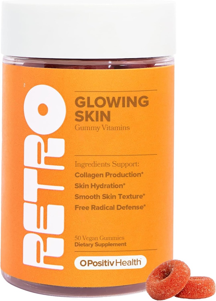 O Positiv RETRO Gummy Glowing Vitaminas de la piel para la producción de colágeno – Astaxanthin, Vitamina E, Extracto de bambú, Hibiscus & Vitamina C – Gummies de la piel vegana para la hidratación de la piel, 50 Conde (Pack of 1)