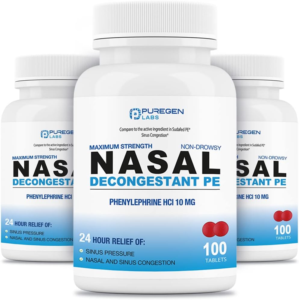 Puregen Labs Nasal Decongestant PE 3 Pack - 300 Tablets Total TEN Phenylephrine HCl 10 mg ANTE Maximum Strength ← Non Drowsy Nasal & Sinus Congestion Relief Due to Cold or Allergies