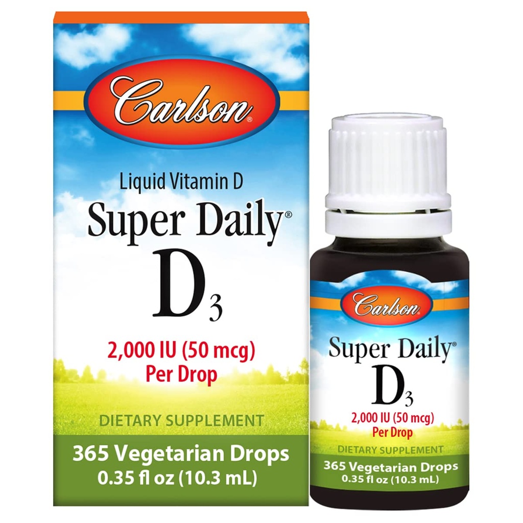 Carlson - Super Daily D3, Vitamina D Drops, 2.000 UI por gota, 1-Año de suministro, Vitamina D3 Liquid, Corazón &amp; Salud Inmune, Vegetariano, Liquid Vitamina D Drops, Desflavorado, 365 gotas