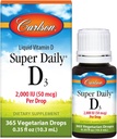 Carlson - Super Daily D3, Vitamina D Drops, 2.000 UI por gota, 1-Año de suministro, Vitamina D3 Liquid, Corazón &amp; Salud Inmune, Vegetariano, Liquid Vitamina D Drops, Desflavorado, 365 gotas