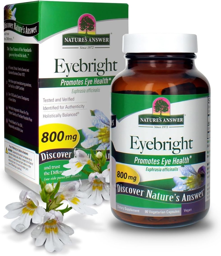 Respuesta de la naturaleza Eyebright Herb ← Soporta ojos saludables " Visión permanente No GMO Silencioso libre de alcohol, libre de gluten, certificado de Kosher " Sin conservadores 90ct cápsulas