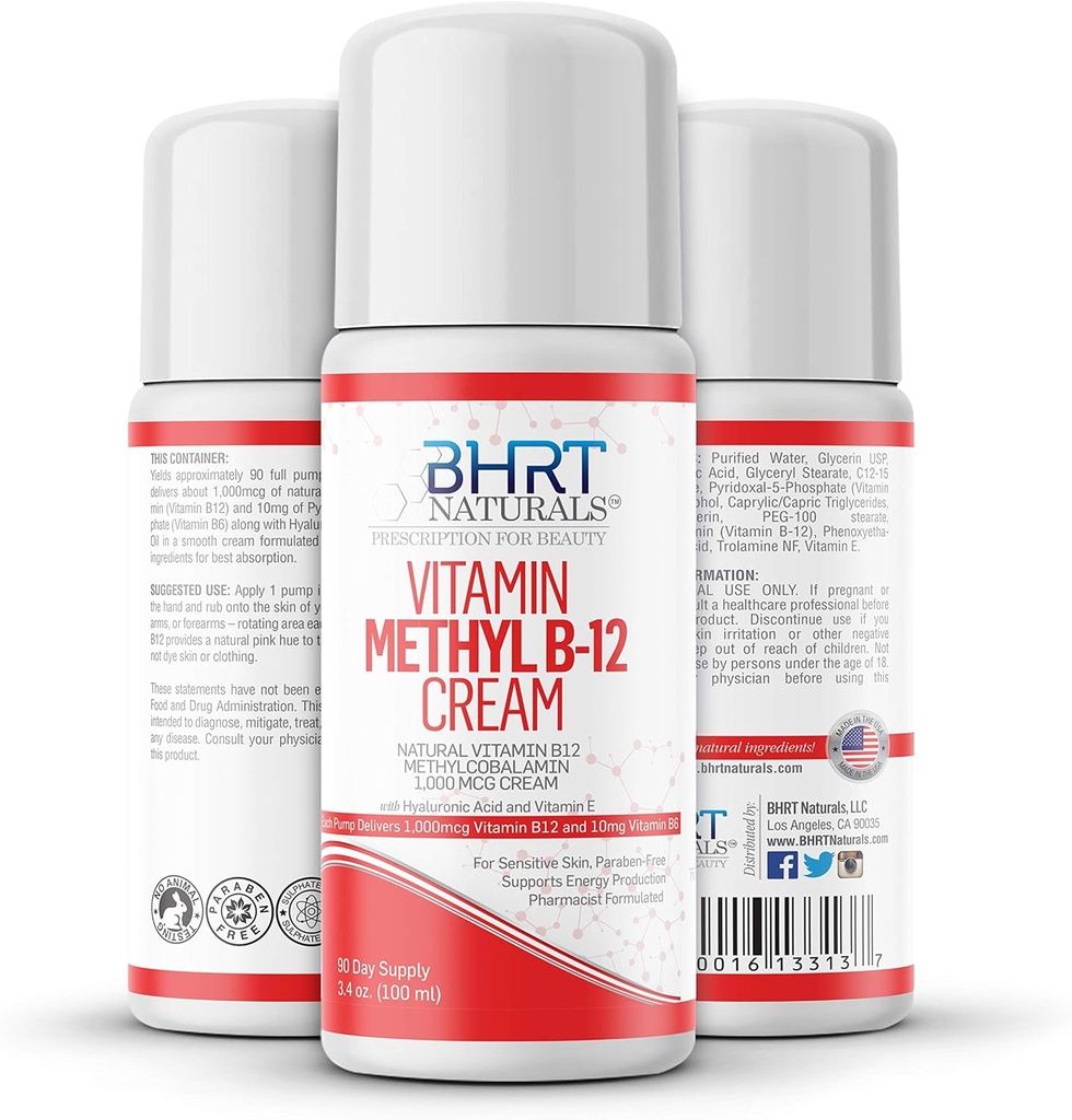 Vitamina B12 Cream 1000mcg - Farmacéutica Formulada - Todo Metilcobalamina Natural (Metil B12) &amp; Vitamina B6 Cream for Energy, Mood, & Heart Health - Ayuda con Eczema &amp; Psoriasis - USA MADE