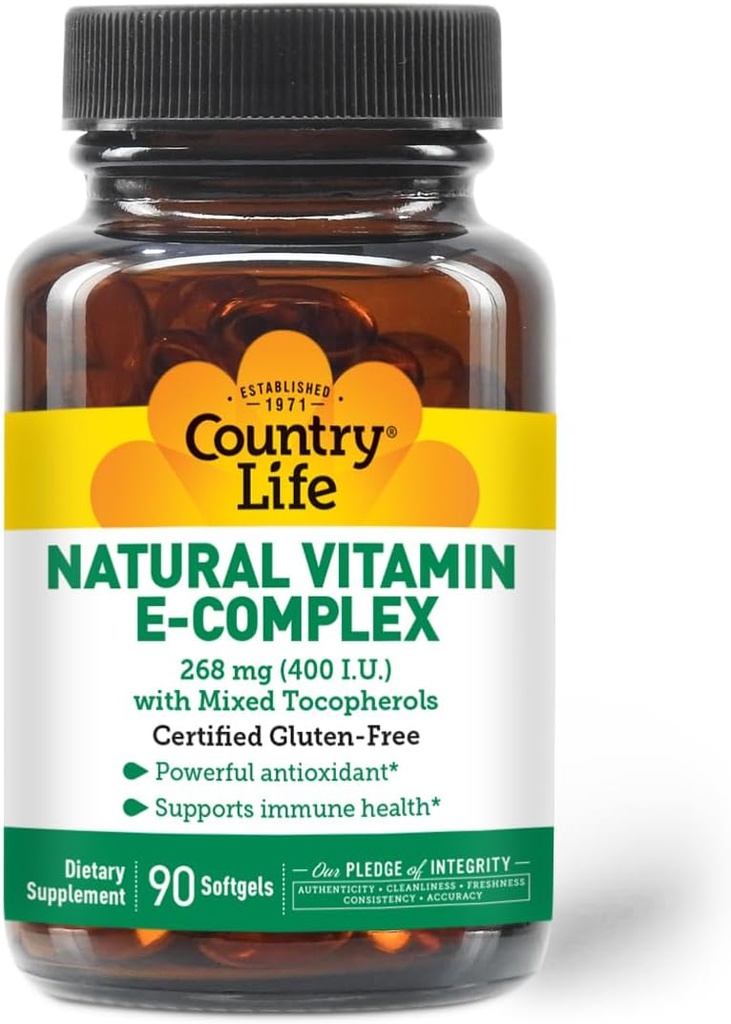 País Vida Vitamina E-Complex 400 UI – Tocoferoles mezclados naturales – Antioxidante &amp; Immune Support – Promueve la salud de la piel " Lucha contra el estrés oxidativo – Sin gluten certificado – 90 Softgels