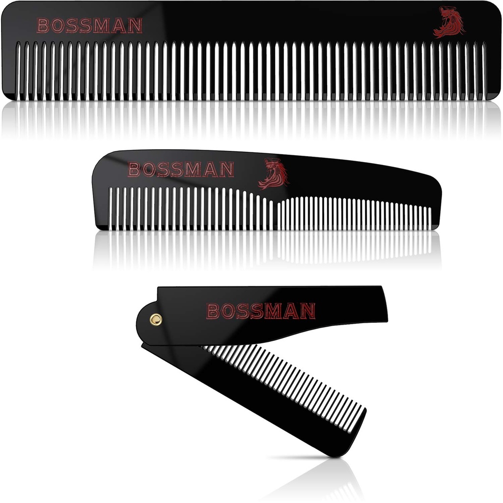 Barba de acetato Bossman, bigote, " Peluquería " Juego de 3 - Peines para hombres con caja magnética minimalista (7,5 pulgadas, 5 pulgadas, 3,5 pulgadas) - Características dientes redondeados, dientes dobles y diseño plegable