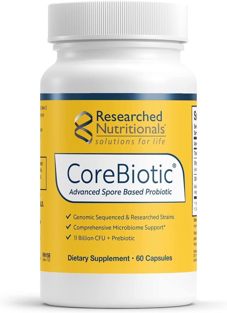Nutricionales investigados Suplementos de Salud Gut con Prebióticos " Probióticos para Hombres de Mujeres - CoreBiotic - 3 Strains Probióticos Basados en Spore + Fibra Prebiótica Orgánica - Estante-Stable (60 cápsulas)