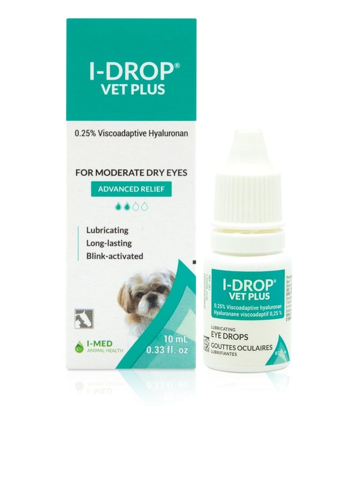 I-DROP VET PLUS: Dog Eye Drops for Pets ← Lubricate Acute/Seasonal Dry Eyes ← Superior Comfort ← Alivio de larga duración ← Petwer Application Needed, 0,25% Hyaluronan  dosis múltiple Bottle ← One Bottle 10 ml
