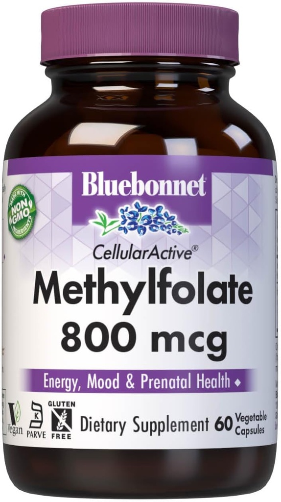 BlueBonnet Nutrition CellularActive Methylfolate 800 mcg – Formulated with Quatrefolic - for Energy, Mood, and Prenatal Health - Vegan, Gluten-Free, Non-GMO, and Kosher – 60 Capsules – 60 Servings