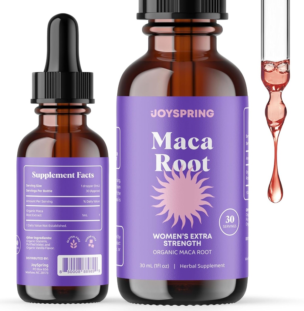 JoySpring Organic Maca Root Liquid Drops for Women – Energy & Wellness Peruvian Maca Supplement – New Mom Gifts – with Vitamins B2, B6, Niacin (B3), Iron & Calcium – 1 oz | 30 Servings