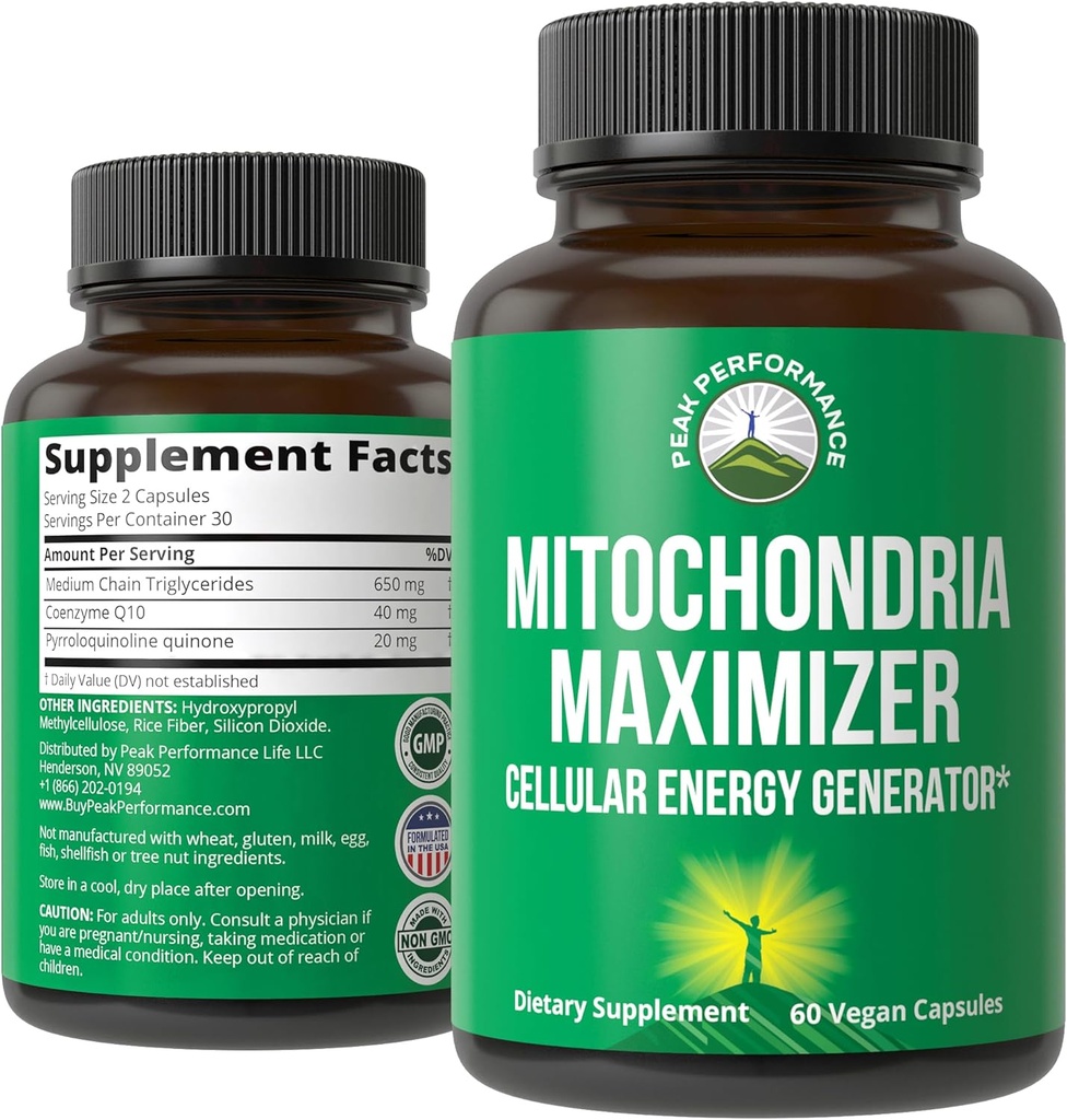 Mitochondria Maximizer with CoQ10 and Active PQQ. Best Mitochondrial Support Supplement with MCT Oil. Natural Cellular Generator for Clean, Focused Energy 60 Vegetarian Capsules