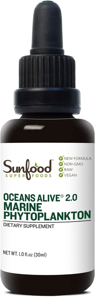 Sunfood Marine Phytoplankton Suplemento - Pure Ocean Mineral Drops for Men &amp; Women with Magnesium &amp; Superoxide Dismutase, SOD, Cell Food, Natural Energy & Focus - 1 Fl Oz Dropper (30 Servings)